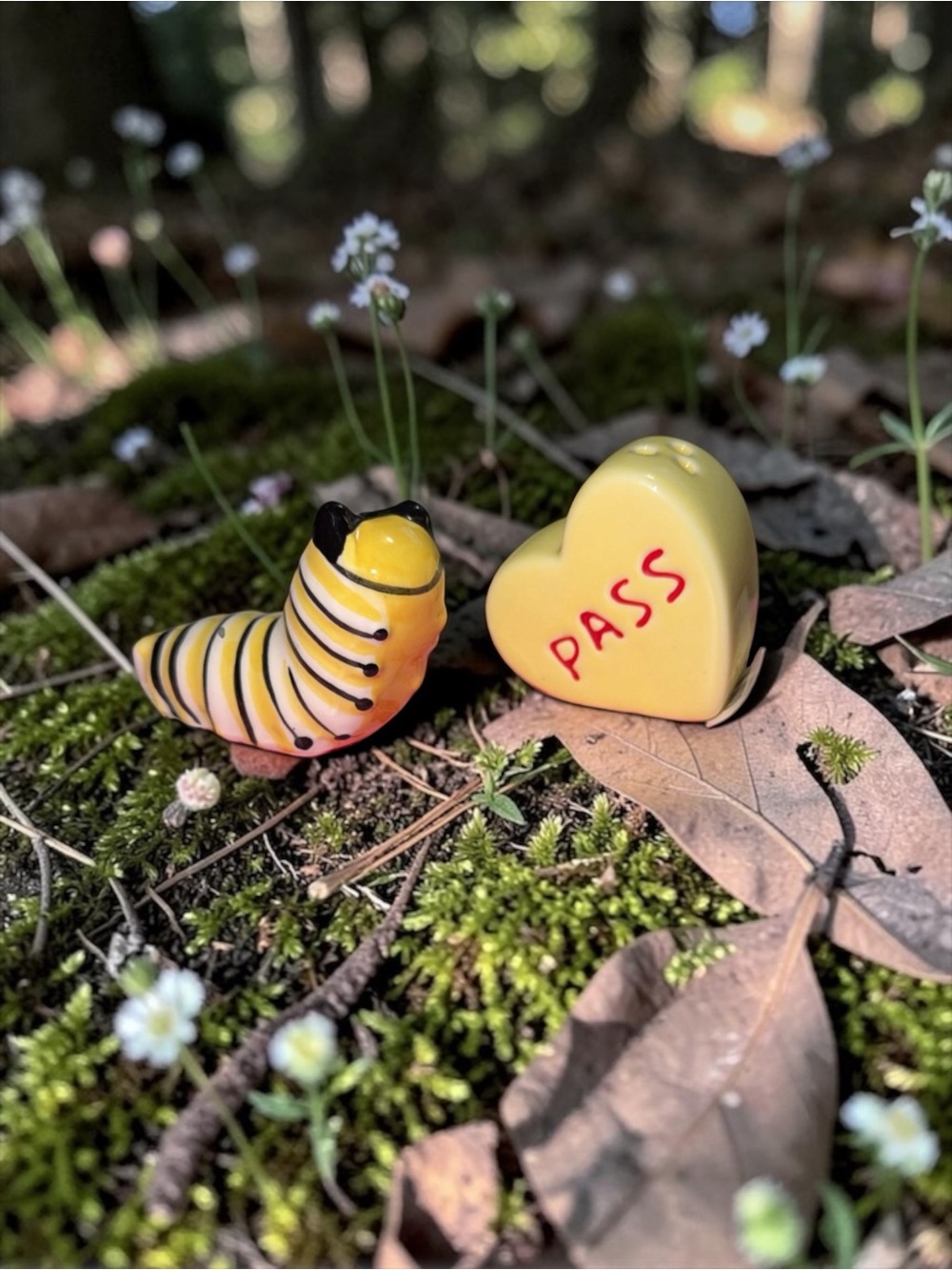 Yellow Heart PASS Pin and Striped Caterpillar Salt & Pepper Shaker Set